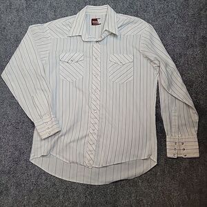 Wrangler Shirt Vtg Pearl Snap L Large  Country White Blue Yellow Stripe